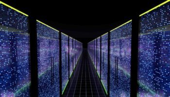 Modern data center servers room with neon lights AI iot learning 3d rendering IoT-node-and-gateway-market