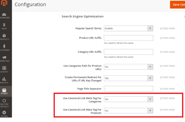 Magento canonical configuration setting update